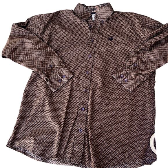 Cinch Western long sleeve button down cotton shirt, brown print, Men's M - Picture 1 of 7